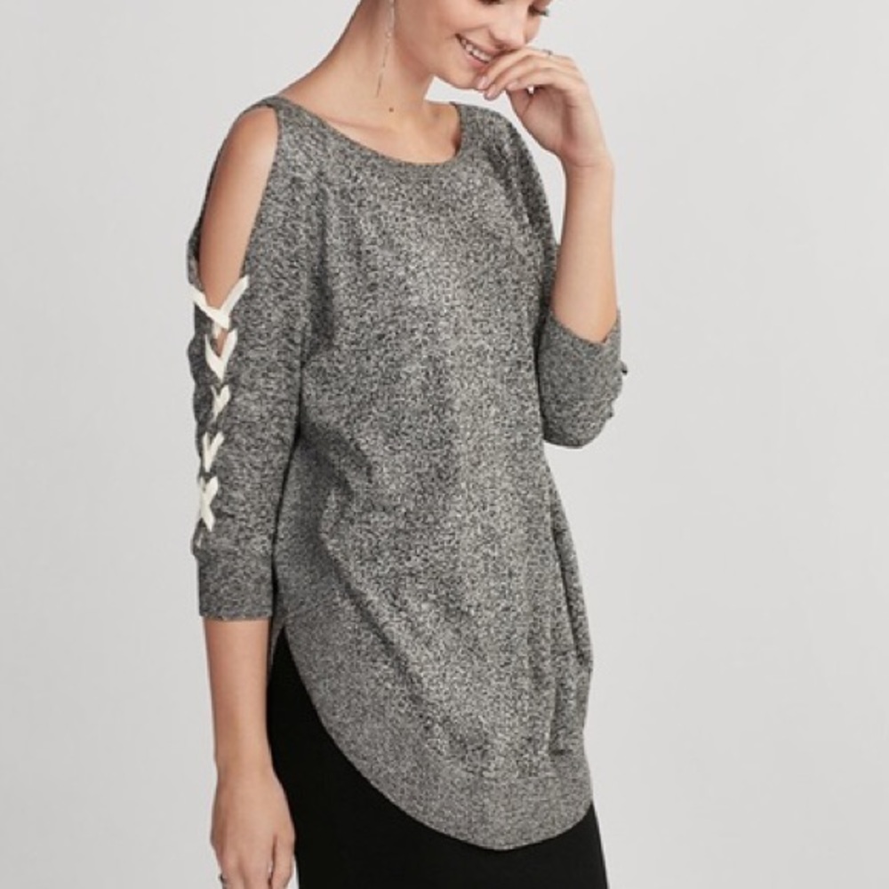 Express gray lace up cold shoulder sweater large
